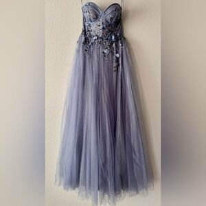 Blue Gray Glitter Tulle Corset Prom Dress w/ Leg Slit & Detachable Sleeves